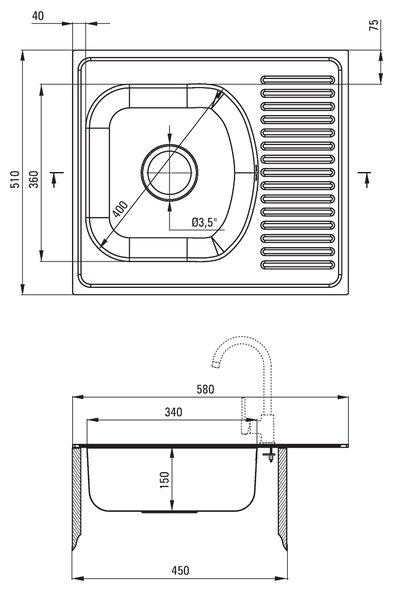 Deante Techno, rozsdamentes acél munkalap mosogató 1 kamrás Z/KO 580x510x150 3,5" + szifon, szatén mintás, ZMU_0113