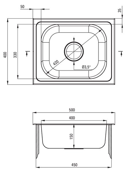 Deante Techno, rozsdamentes acél munkalap mosogató 1 kamrás B/O 500x400x150 3,5" + szifon, szatén mintás, ZEU_010A