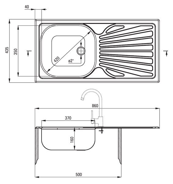 Deante Techno, rozsdamentes acél munkalap mosogató 1 kamrás Z/O 860x435x160 2" + szifon, szatén mintás, ZMU_011B