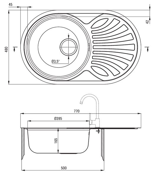 Deante Twist, rozsdamentes acél munkalap mosogató 1 kamrás Z/O 770x480x165 3,5" + szifon, szatén mintás, ZEU_011B