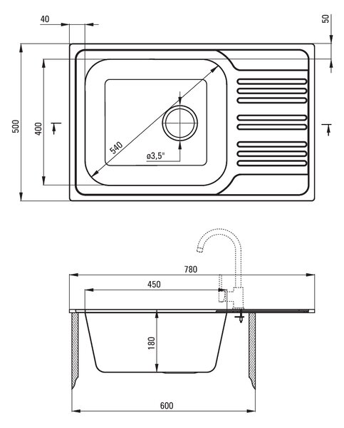 Deante Xylo, rozsdamentes acél munkalap mosogató 1 kamrás Z/KO 780x500x180 3,5" + szifon, szatén mintás, ZEX_011B