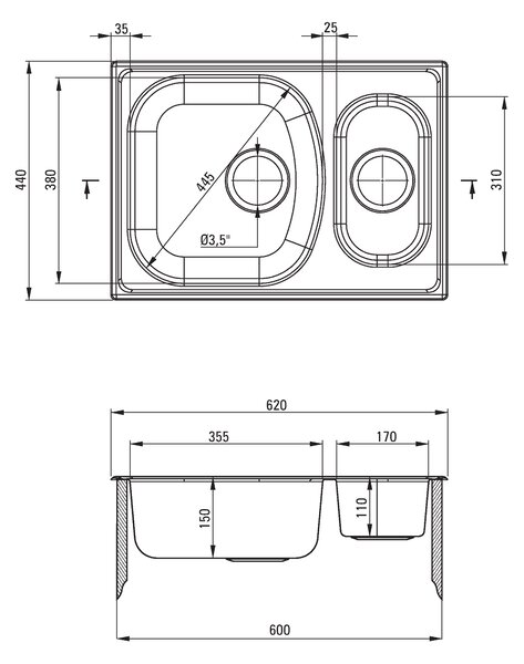 Deante Xylo, rozsdamentes acél munkalap mosogató 1,5 kamrás B/O 620x440x150 3,5" + szifon, szatén mintás, ZEX_0503