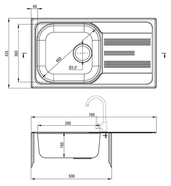 Deante Xylo, rozsdamentes acél munkalap mosogató 1 kamrás Z/O 780x435x160 3,5" + szifon, szatén mintás, ZEX_0113