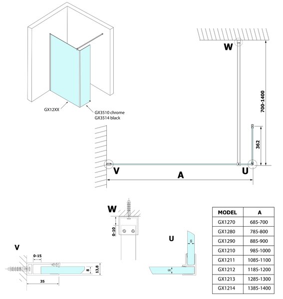 Gelco Gelco, VARIO kiegészítő panel 350 mm, átlátszó üveg, króm, GX3510
