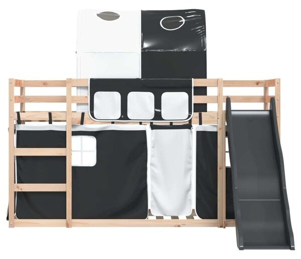 VidaXL fehér-fekete emeletes ágy csúszdával és függönnyel 80 x 200 cm