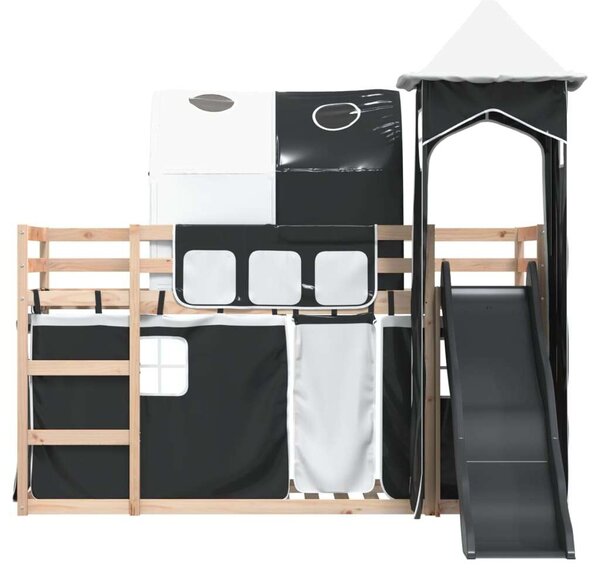 VidaXL fehér-fekete emeletes ágy csúszdával és függönnyel 80 x 200 cm