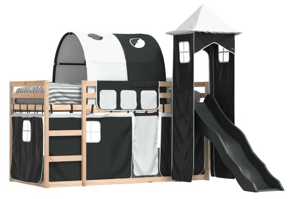 VidaXL fehér-fekete emeletes ágy csúszdával és függönnyel 80 x 200 cm