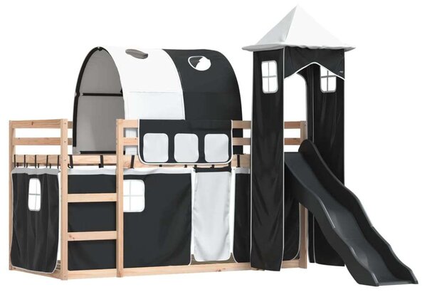 VidaXL fehér-fekete emeletes ágy csúszdával és függönnyel 80 x 200 cm