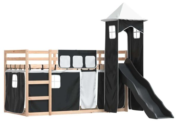 VidaXL fehér-fekete emeletes ágy csúszdával és függönnyel 80 x 200 cm