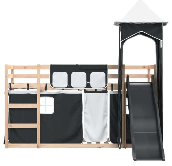 VidaXL fehér-fekete emeletes ágy csúszdával és függönnyel 80 x 200 cm