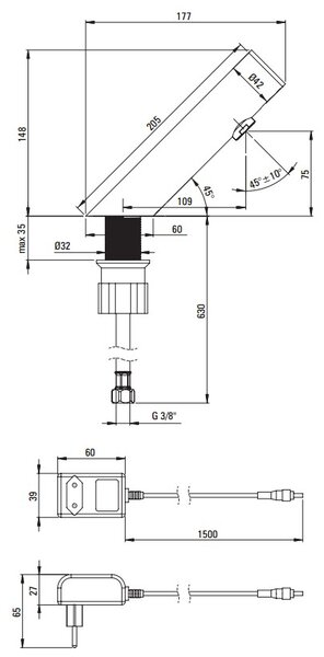 Deante Sense, érintésmentes mosogató csaptelep hőmérséklet szabályozás nélkül, táp 230/6V, fekete matt, DEA-BQR_N28V