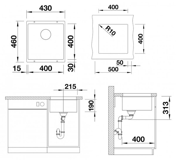 Blanco Subline 400-U, szilgránit mosogató munkalap alatt 400x400x190 mm, 1 kamrás, fekete, BLA-525990