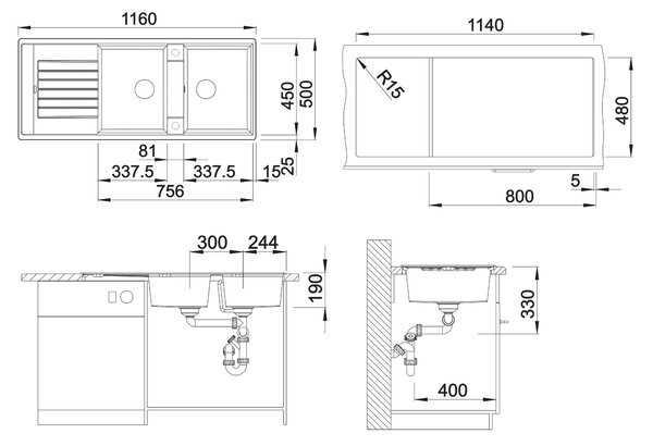 Blanco Zia 8 S, szilgránit mosogató 1160x500x190 mm, 2 kamrás, fehér puha, BLA-527209