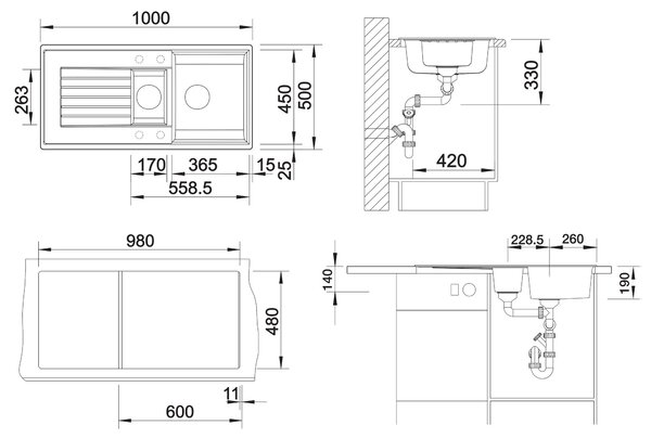 Blanco Zia 6 S, szilgránit mosogató 1000x500x190 mm, 1,5-kamrás, fekete, BLA-526021