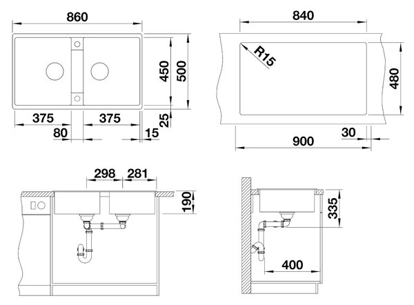 Blanco Zia 9, szilgránit mosogató 860x500x190 mm, 2 kamrás, fehér puha, BLA-527210