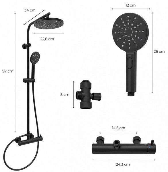 Erga Dubai, zuhanyszett csapteleppel és fejzuhannyal 23 cm, matt fekete, ERG-YKA-BP.DUBAJ23-BLK