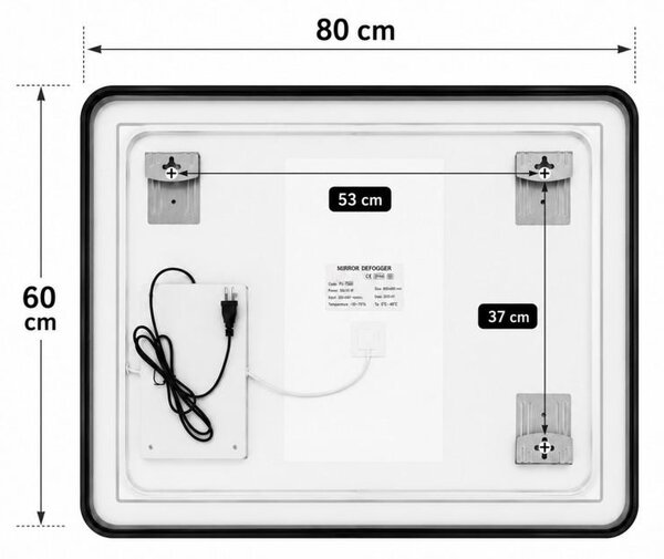 Erga Sari, LED-es tükör fekete keretben, fűtéssel és érintésvezérléssel, 80 × 60 cm, matt fekete, ERG-YKA-MR.SARI-BLK-60X80