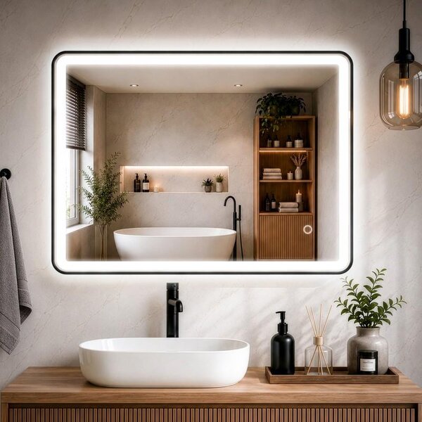 Erga Sari, LED-es tükör fekete keretben, fűtéssel és érintésvezérléssel, 80 × 60 cm, matt fekete, ERG-YKA-MR.SARI-BLK-60X80