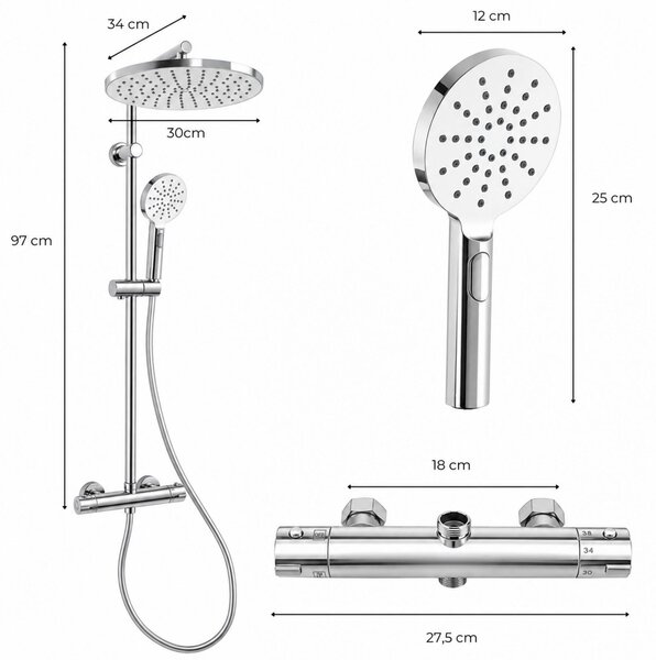 Erga Dubai, zuhanyszett termosztátos keverőcsappal és 30 cm-es fejzuhannyal, króm, ERG-YKA-BP.DUBAJ-THERM-30-CHR