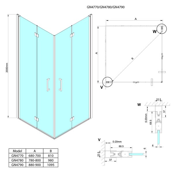 Gelco Gelco, LORO négyzet alakú zuhanyparaván 700x700 mm L/P változat, sarokbemenet, GN4770-01