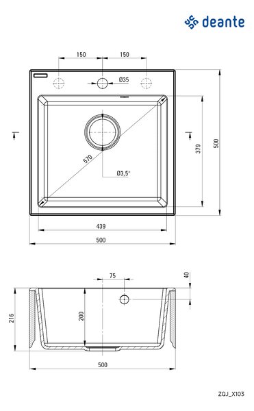 Deante Evora, 1 kamrás gránit mosogató 500x500x216 mm + mosogató csaptelep rugalmas karral, fekete, DEA-ZQJNN103