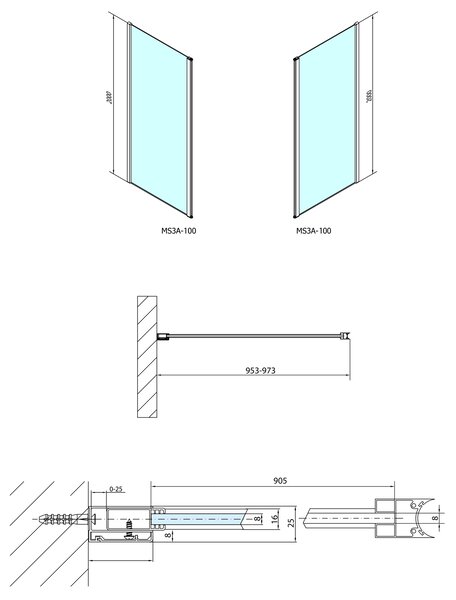 Polysan Polysan, MODULÁRUS ZUHANYFAL falra szereléshez, forgó panel csatlakoztatásához 1000 mm, MS3A-100