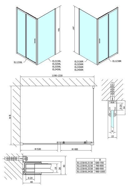 Polysan Polysan, EASY négyszögletes zuhanyparaván 1200x800mm L/P változat, Téglaüveg, EL1238EL3238