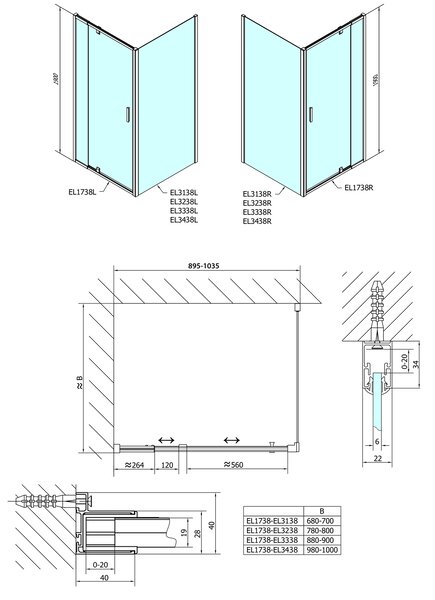 Polysan Polysan, Easy Line téglalap/négyzet alakú zuhanyparaván forgóajtó 900-1000x900mm L/R, téglaüveg, EL1738EL3338