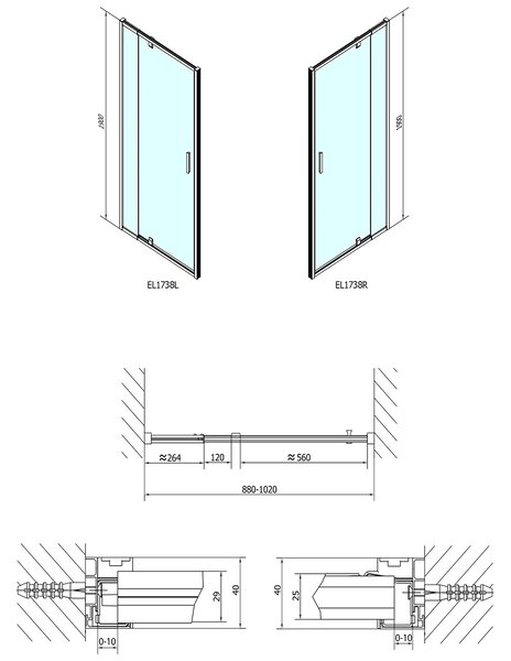 Polysan Polysan, EASY LINE forgózuhanyajtó 880-1020mm, BRICK üveg, EL1738