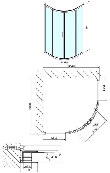 Polysan Polysan, EASY LINE negyedkör alakú zuhanyparaván 800x800mm, L / R, átlátszó üveg, EL2515