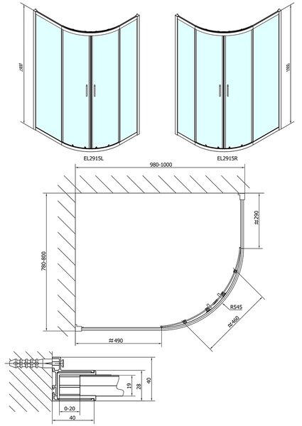 Polysan Polysan, EASY LINE negyedkör alakú zuhanyparaván 1000x800mm, L / R, átlátszó üveg, EL2915