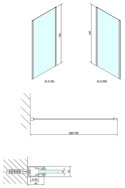 Polysan Polysan, EASY LINE zuhany oldalfal 700mm, üveg Tégla, EL3138