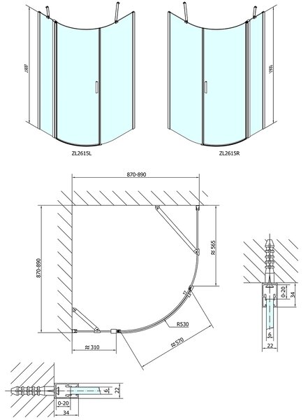 Polysan Polysan, ZOOM LINE negyedkör alakú zuhanyparaván 900x900mm, átlátszó üveg, jobb, ZL2615R