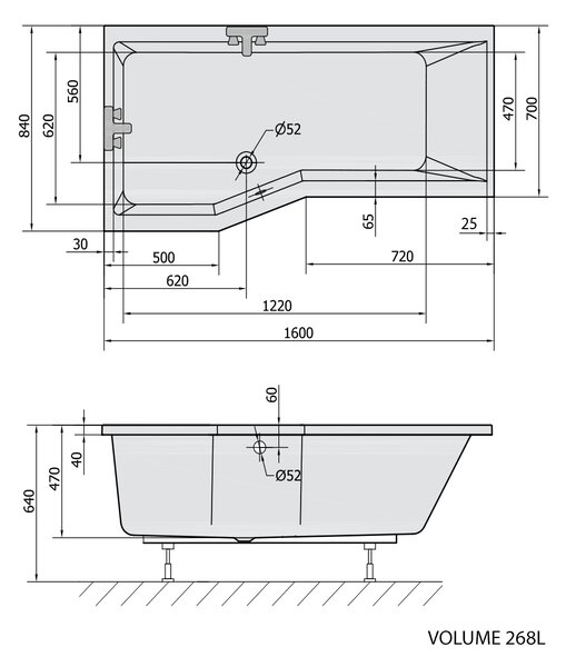 Polysan Polysan, VERSYS L aszimmetrikus kád 160x84x70x47cm, fehér, 14611
