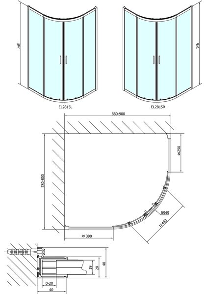 Polysan Polysan, EASY LINE negyedkör alakú zuhanyparaván 900x800mm, L/R, átlátszó üveg, EL2815