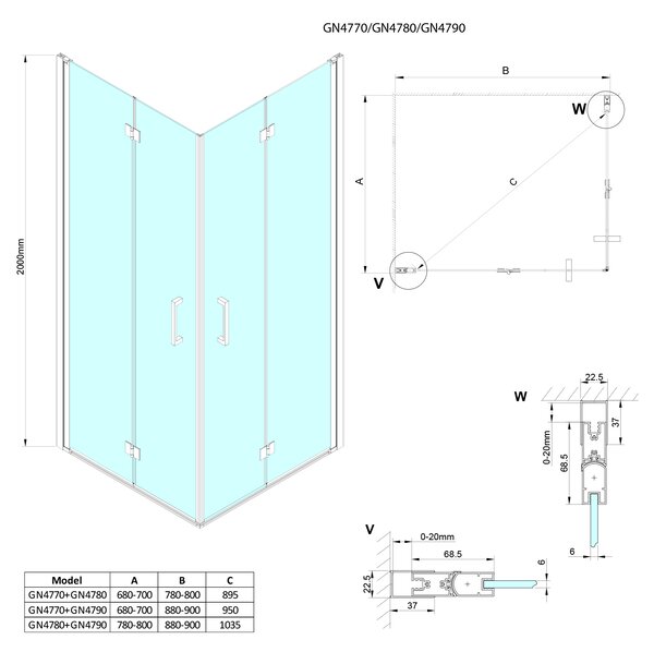 Gelco Gelco, LORO négyszögletes zuhanyparaván 800x700mm L/P változat, GN4780-02