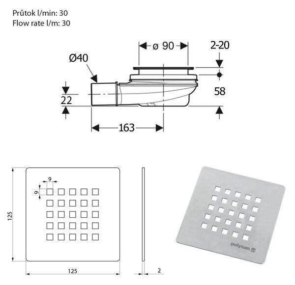 Polysan Polysan, TRENECA fürdőkád szifon, átmérő 90mm, DN40, huzat szürke matt, 84999.31