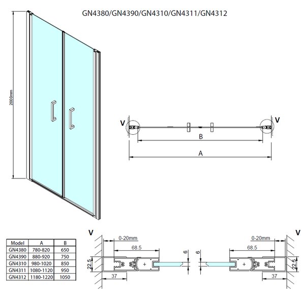 Gelco Gelco, LORO kétszárnyú zuhanyajtó 800mm, átlátszó üveg, GN4380