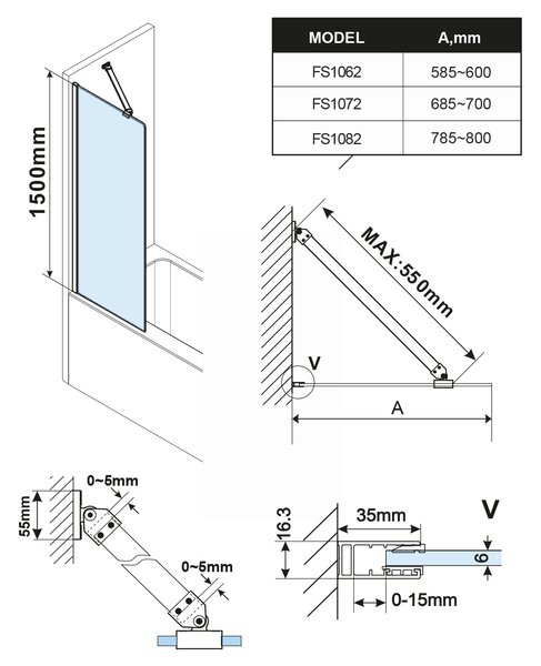 Polysan Polysan, FISA fürdőképernyő 600x1500mm, mm, fehér matt, átlátszó üveg, FS1062-W