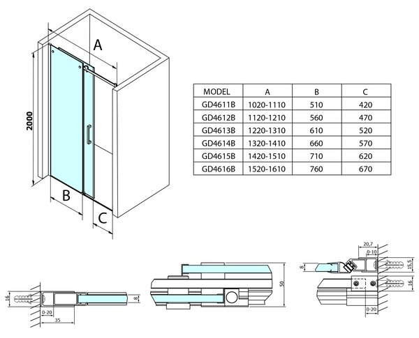 Gelco Gelco, DRAGON BLACK zuhanyajtó 1100mm, átlátszó üveg, GD4611B