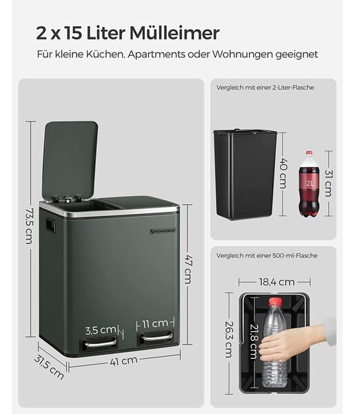 30 literes fém szemetes, 2 x 15 liter hulladékgyűjtő, füst szürke