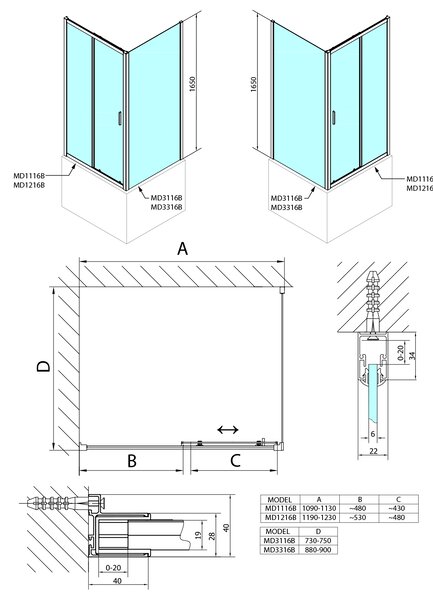 Polysan Polysan, DEEP BLACK téglalap alakú zuhanykabin 1100x750mm bal/jobb változat, átlátszó üveg, MD1116B-01