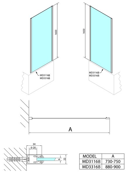 Polysan Polysan, MÉLYFEKETE zuhany oldalfal 750x1650mm, átlátszó üveg, MD3116B