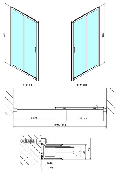 Polysan Polysan, EASY BLACK zuhanyajtó 1100mm, átlátszó üveg, EL1115B