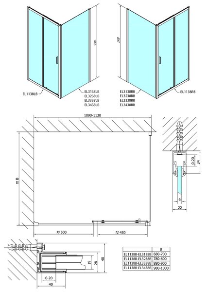 Polysan Polysan, EASY BLACK zuhanyajtó 1100mm, átlátszó üveg, EL1115B