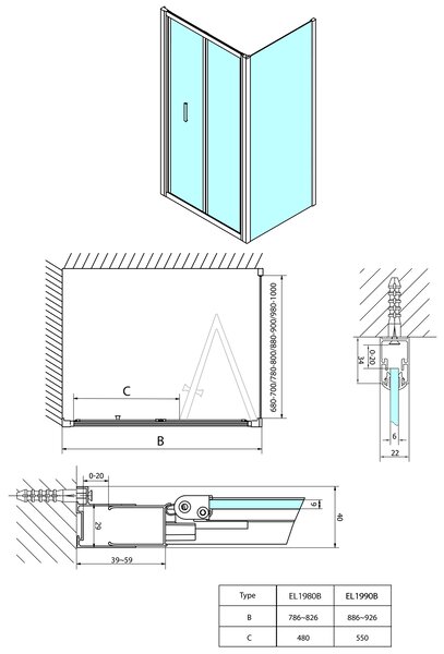 Polysan Polysan, EASY BLACK összecsukható zuhanyajtó 800mm, átlátszó üveg, EL1980B