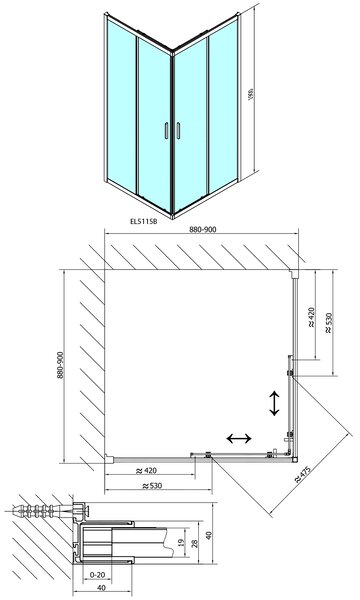 Polysan Polysan, EASY BLACK négyzet alakú zuhanyparaván 900x900mm, átlátszó üveg, EL5115B