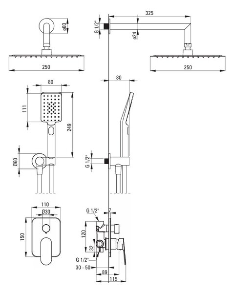 Deante Alpinia, rejtett zuhanygarnitúra eső rozsdamentes acél fejjel 250x250 mm, arany fényes, DEA-NAC_Z9LP