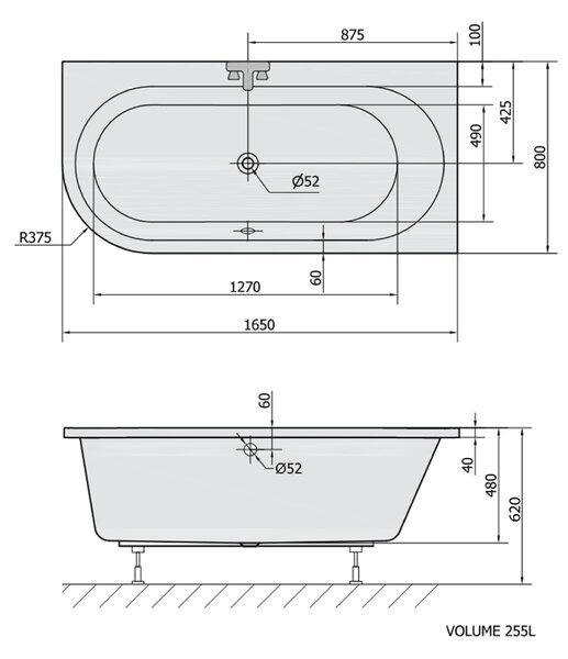 Polysan Polysan, ASTRA R aszimmetrikus kád 165x80x48cm, fehér, 34611