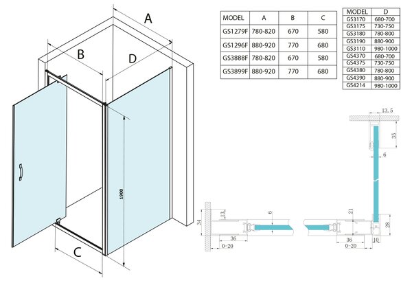 Gelco Gelco, SIGMA SIMPLY négyzet alakú zuhanyparaván forgóajtó 800x800mm L / R változat, átlátszó üveg, GS1279GS3180
